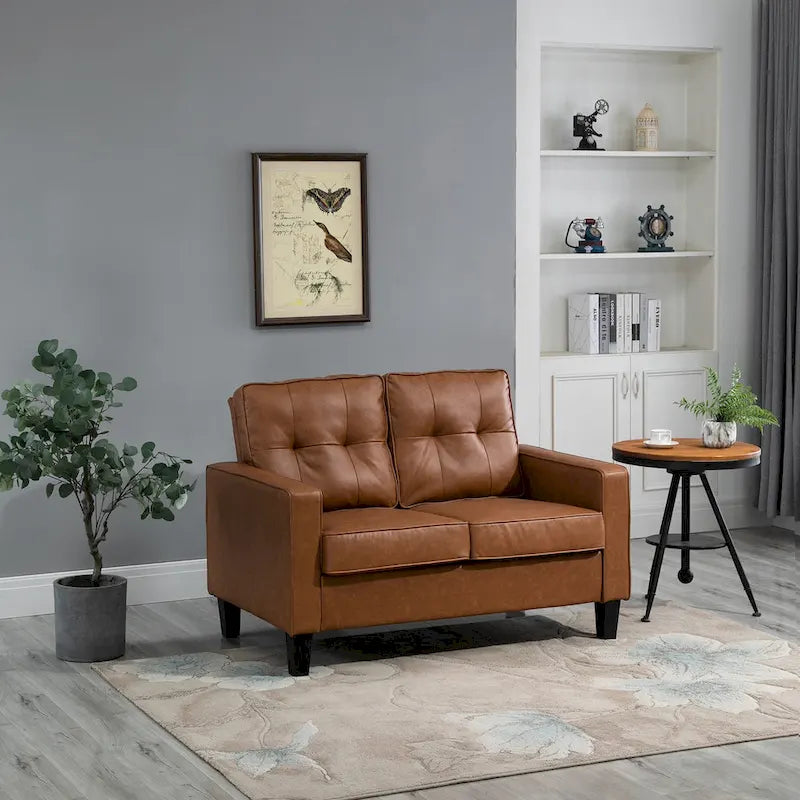 HOMCOM 51 Wide Double Sofa with Armrest, 2-Seater Tufted PU Leather and Pocket Spring Sponge Padded Cushion, Brown