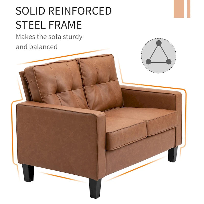 HOMCOM 51 Wide Double Sofa with Armrest, 2-Seater Tufted PU Leather and Pocket Spring Sponge Padded Cushion, Brown