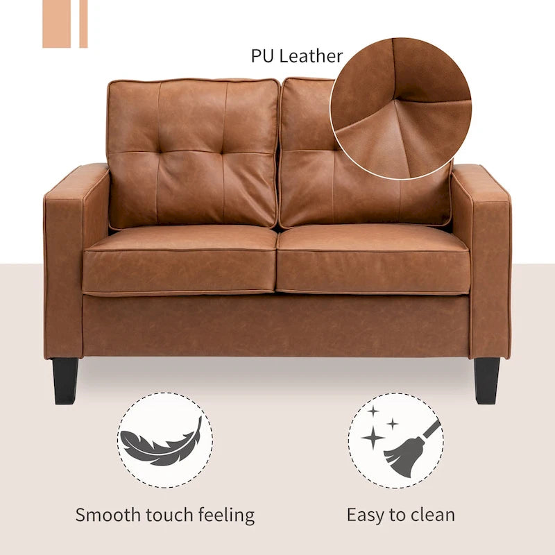 HOMCOM 51 Wide Double Sofa with Armrest, 2-Seater Tufted PU Leather and Pocket Spring Sponge Padded Cushion, Brown