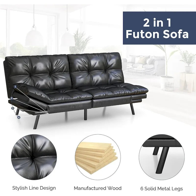 Futon Sofa Bed, Memory Foam Foldable Couch Convertible Loveseat Sleeper Daybed with Adjustable Armrests for Small Space