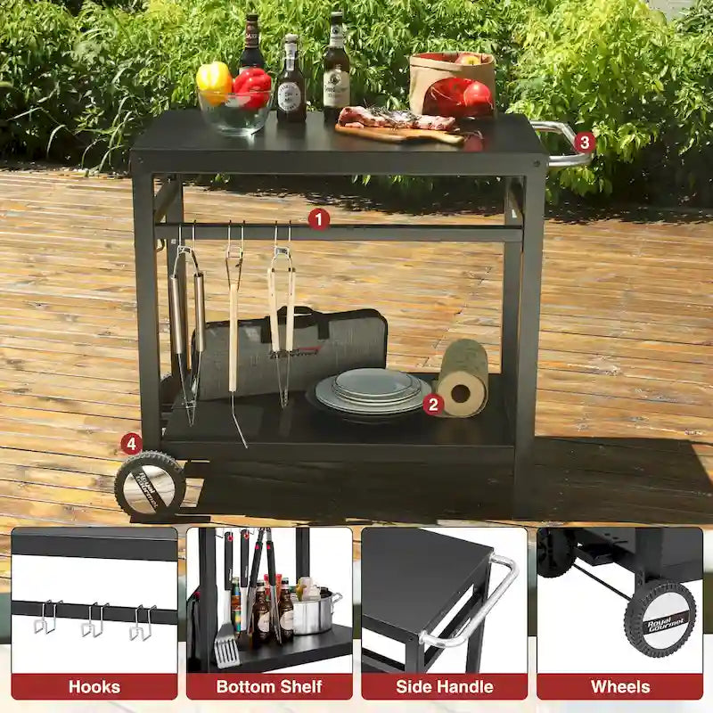 Royal Gourmet Double Shelf Movable Dining Cart Work Table with Handle,Black