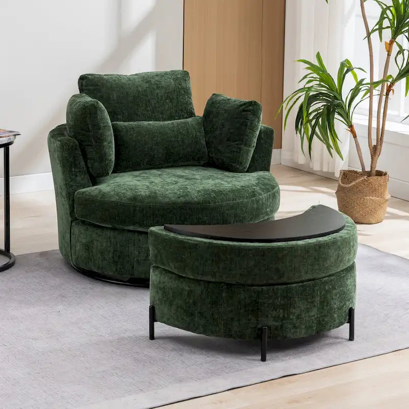 42.3W Upholstered Swivel Accent Chair with 4 Pillows and Half-Moon Storage Ottoman