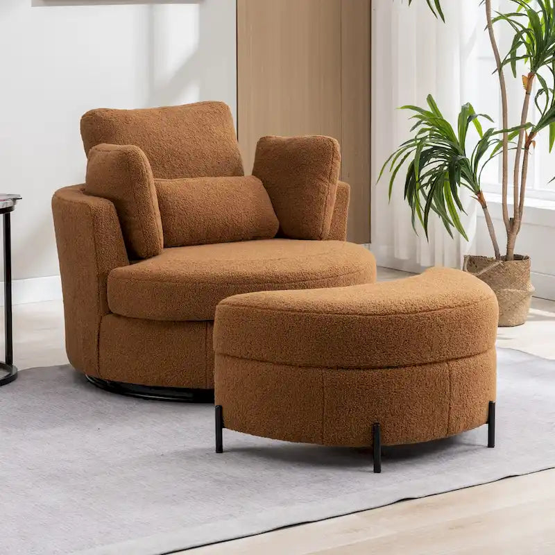 42.3W Upholstered Swivel Accent Chair with 4 Pillows and Half-Moon Storage Ottoman