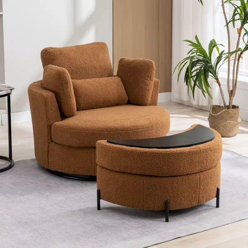 42.3W Upholstered Swivel Accent Chair with 4 Pillows and Half-Moon Storage Ottoman