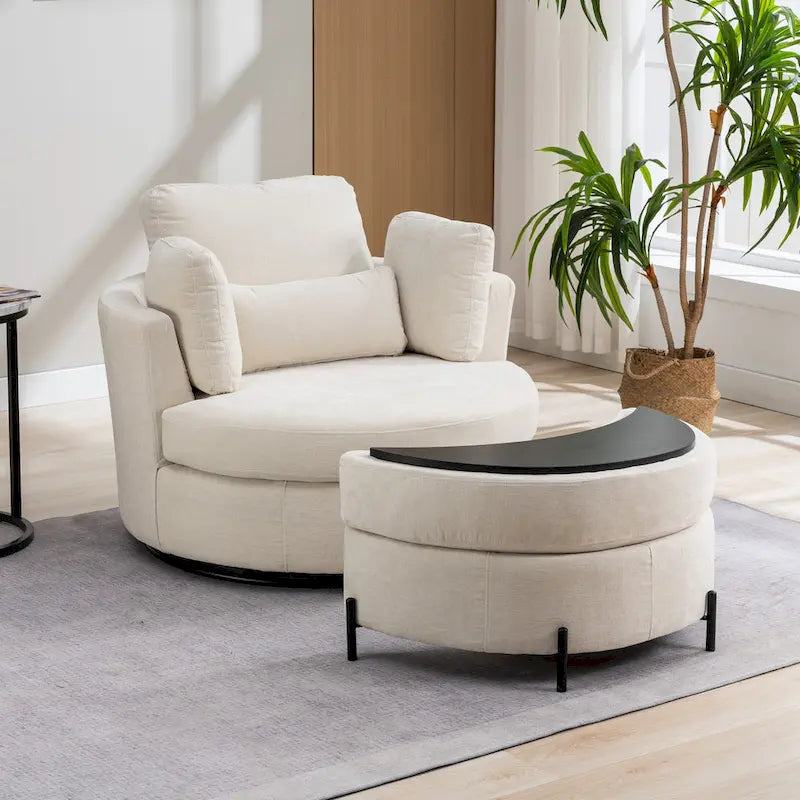 42.3W Upholstered Swivel Accent Chair with 4 Pillows and Half-Moon Storage Ottoman