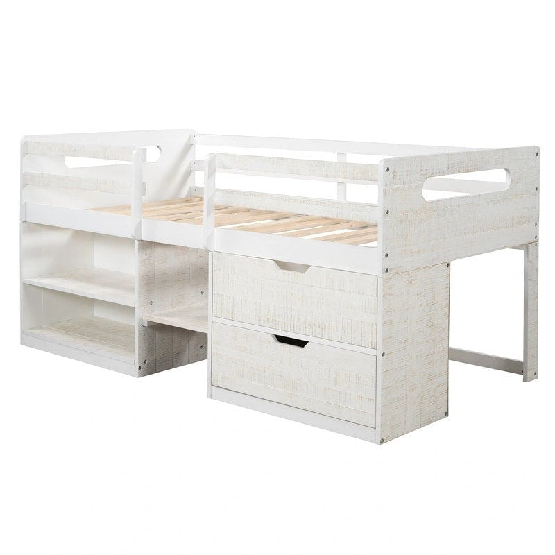 Twin Loft Bed with Storage and Drawers, Low Loft Bed Frame with 2 Shelves and 2 Drawers, No Box Spring Needed