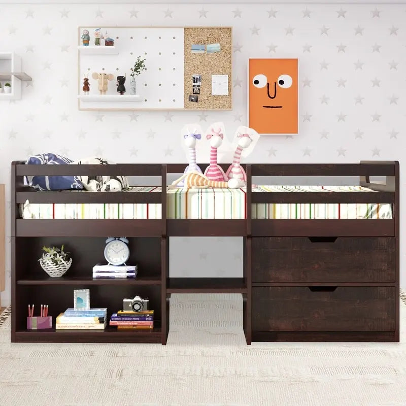 Twin Loft Bed with Storage and Drawers, Low Loft Bed Frame with 2 Shelves and 2 Drawers, No Box Spring Needed