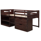 Twin Loft Bed with Storage and Drawers, Low Loft Bed Frame with 2 Shelves and 2 Drawers, No Box Spring Needed