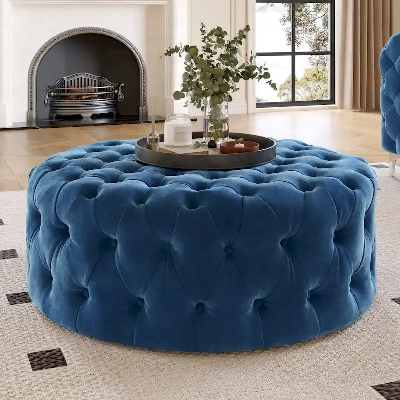 Corvus Chesterfield Round Tufted Velvet Ottoman with Casters