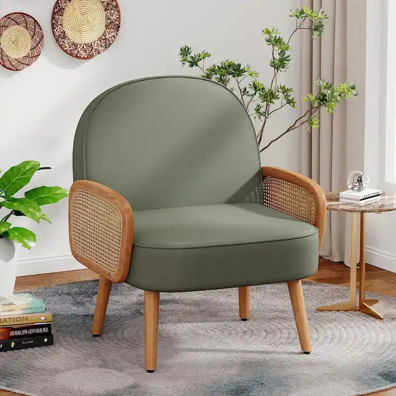 Accent Chair Armchair with Rattan Arms Upholstered Rattan Boho Accent Chair for Living Room Bedroom