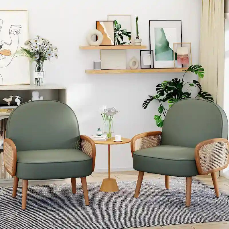 Accent Chair Armchair with Rattan Arms Upholstered Rattan Boho Accent Chair for Living Room Bedroom