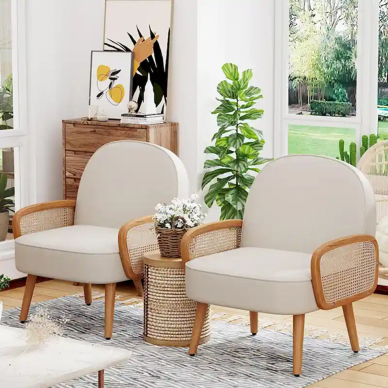 Accent Chair Armchair with Rattan Arms Upholstered Rattan Boho Accent Chair for Living Room Bedroom