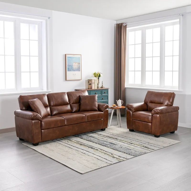 Morden Fort Upholstered Living Room Set, 2 Pieces, Faux Leather Chair, Sofa