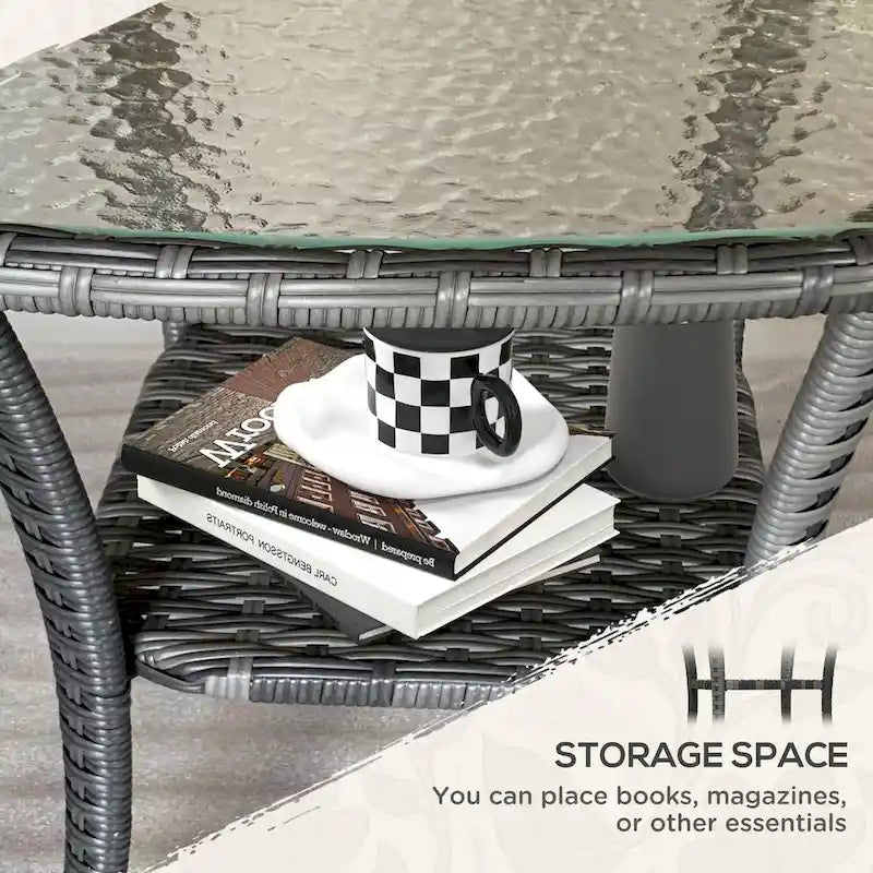 Outsunny Rattan Coffee Table with Storage Shelf, Wicker Side Table with Glass Top, Outdoor End Table for Garden, Porch, Backyard