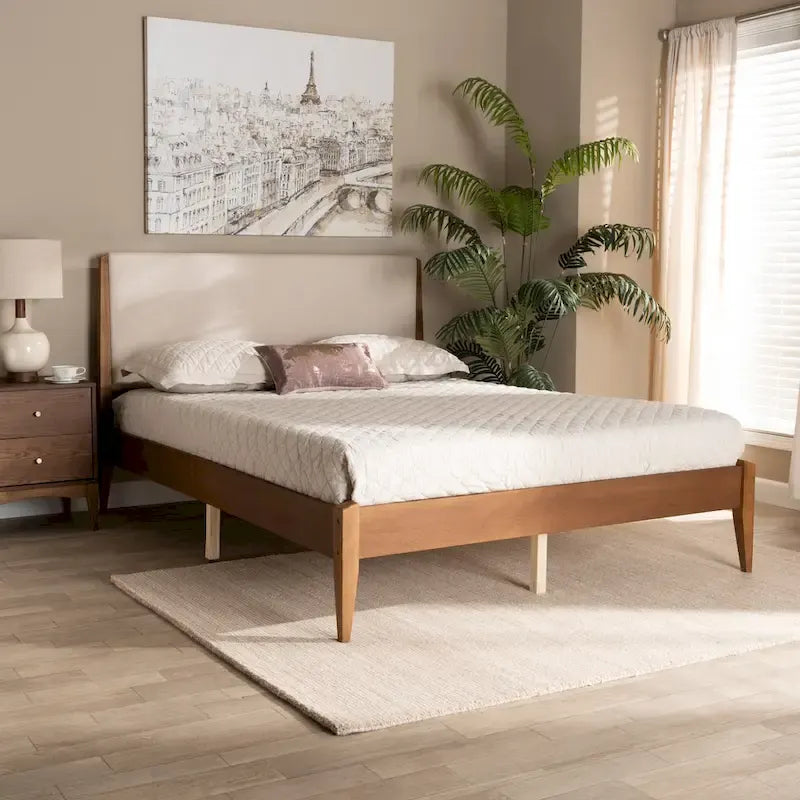 Lenora Mid-Century Modern Fabric Upholstered Wood Platform Bed - Beige
