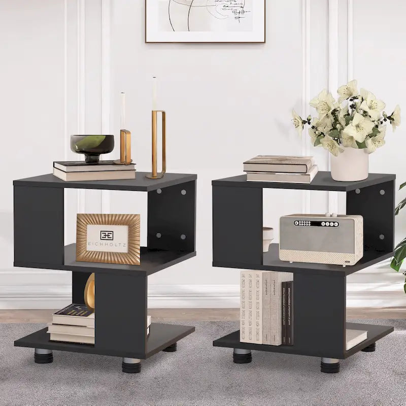 Modern 2-Tier Magic Cube Nightstands with Hollow Rectangle Design  Contemporary Bedroom Storage Table