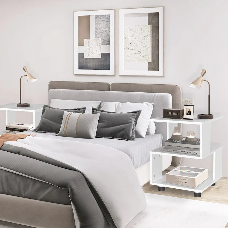 Modern 2-Tier Magic Cube Nightstands with Hollow Rectangle Design  Contemporary Bedroom Storage Table