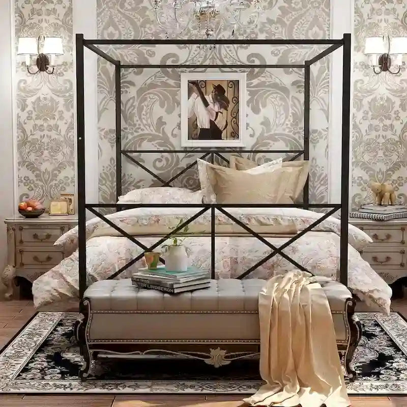 Metal Canopy Bed Frame, Platform Bed Frame Queen with X Shaped Frame Queen