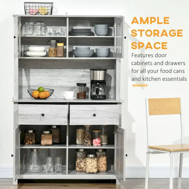 HOMCOM 63.5 Kitchen Buffet with Hutch, Pantry Storage Cabinet with 4 Shelves, Drawers, Framed Glass Doors