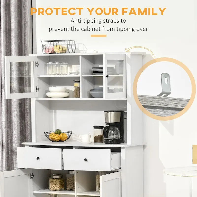 HOMCOM 63.5 Kitchen Buffet with Hutch, Pantry Storage Cabinet with 4 Shelves, Drawers, Framed Glass Doors