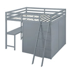 Full Size Loft Bed with Wardrobe and Desk and Shelves, Gray