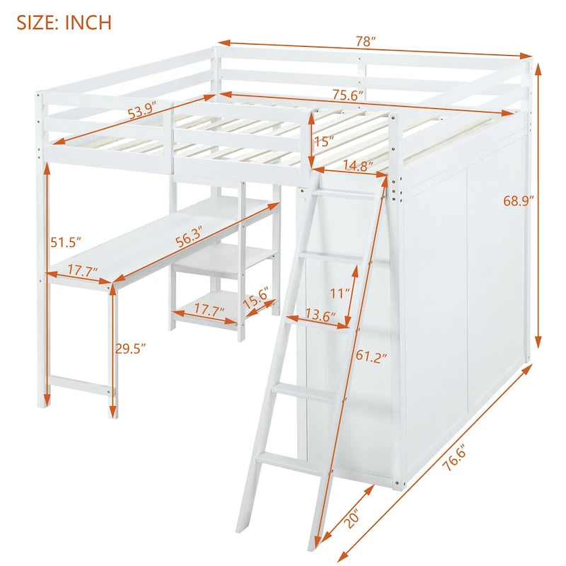 Full Size Loft Bed with Wardrobe and Desk and Shelves, Gray