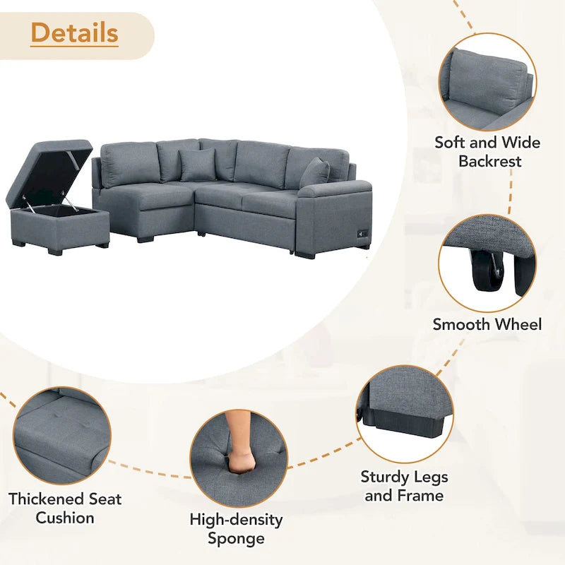 Sleeper Sectional Sofa, L-Shape Corner Couch Sofa-Bed with Storage Ottoman & Hidden Arm Storage & USB Charge for Living Room Ap
