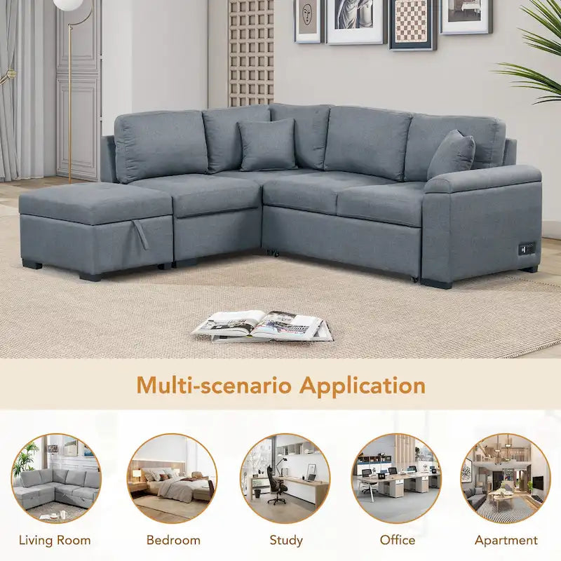 Sleeper Sectional Sofa, L-Shape Corner Couch Sofa-Bed with Storage Ottoman & Hidden Arm Storage & USB Charge for Living Room Ap
