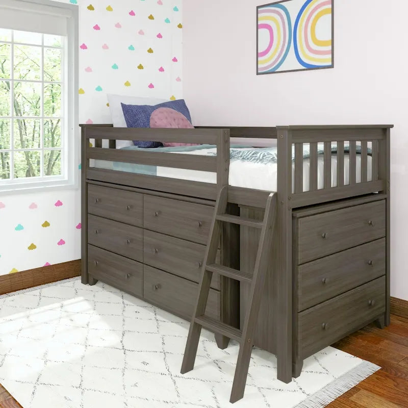 Max and Lily Twin-Size Low Loft with 3-Drawer and 6-Drawer Dressers