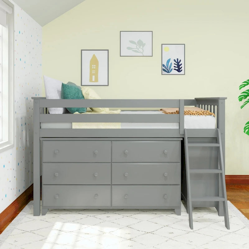 Max and Lily Twin-Size Low Loft with 3-Drawer and 6-Drawer Dressers