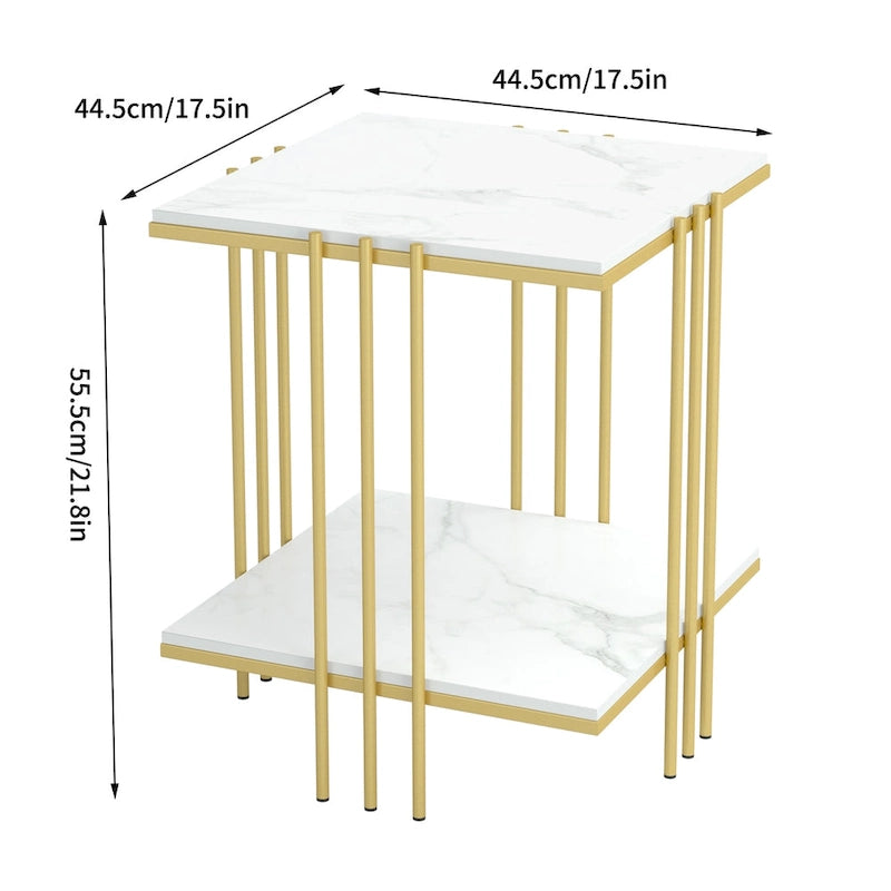 2 Tier Square Side Table Marble Gold Metal Leg Accent End Coffee Desk