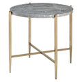 End Table with Oval Marble Top and X Shaped Support, Gray and Gold