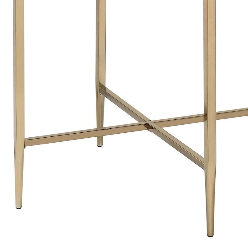 End Table with Oval Marble Top and X Shaped Support, Gray and Gold
