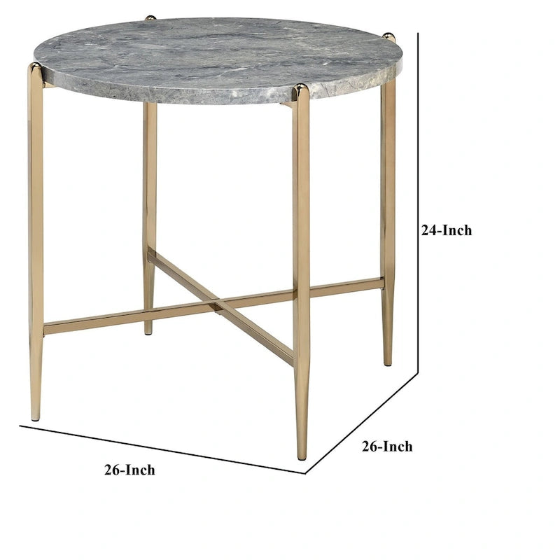 End Table with Oval Marble Top and X Shaped Support, Gray and Gold