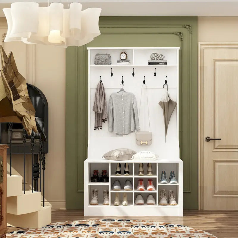 Coat Rack and Storage Bench Hall Tree with Shoe Rack for Entryway