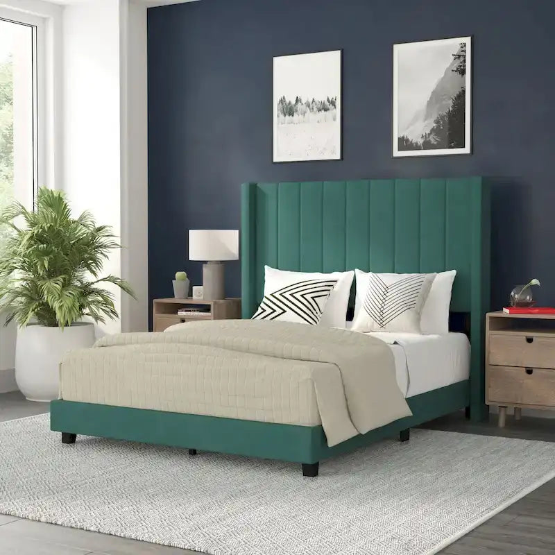 Upholstered Platform Bed with Wingback Headboard