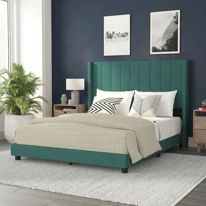 Upholstered Platform Bed with Wingback Headboard