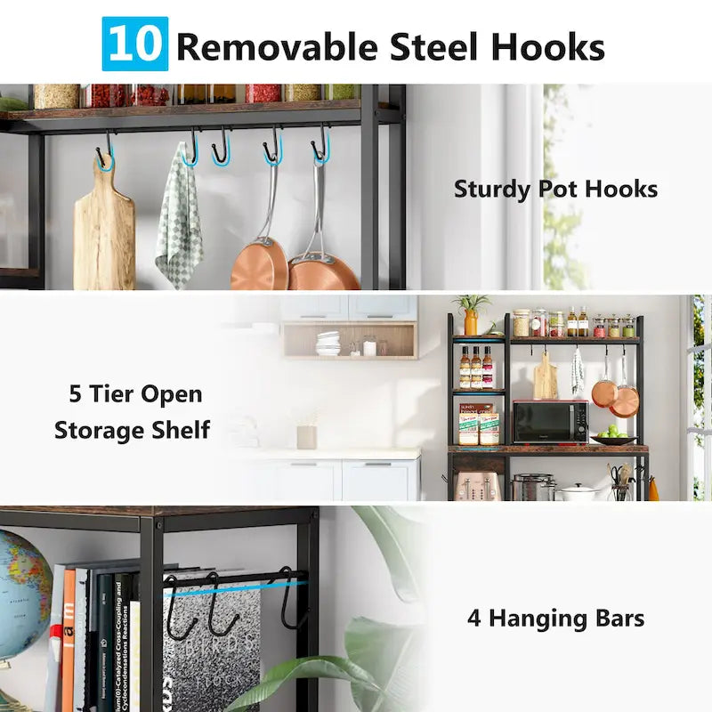 43 inch Kitchen Bakers Rack with Microwave Stand 5-Tier Kitchen Utility Storage Shelf Rack and10 Hooks for Kitchen Living Room