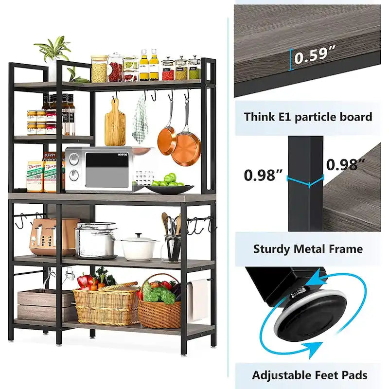 43 inch Kitchen Bakers Rack with Microwave Stand 5-Tier Kitchen Utility Storage Shelf Rack and10 Hooks for Kitchen Living Room