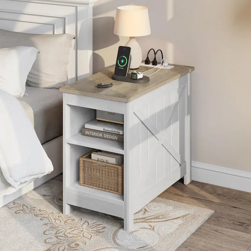 Moasis Set of 2 End Table with Charging Station Side Table with Storage, 2 Power Outlets & 2 USB Ports