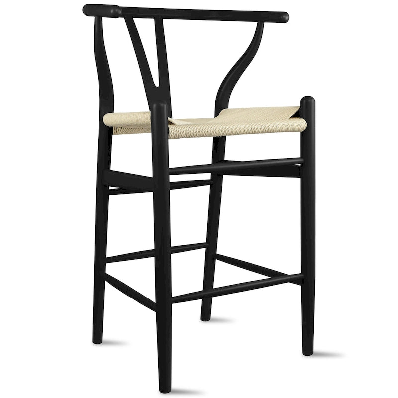 Solid Wood Countertop Height Barstool with Open Y Back Farmhouse Woven Organic Natural Chair For Kitchen Designer - N/A