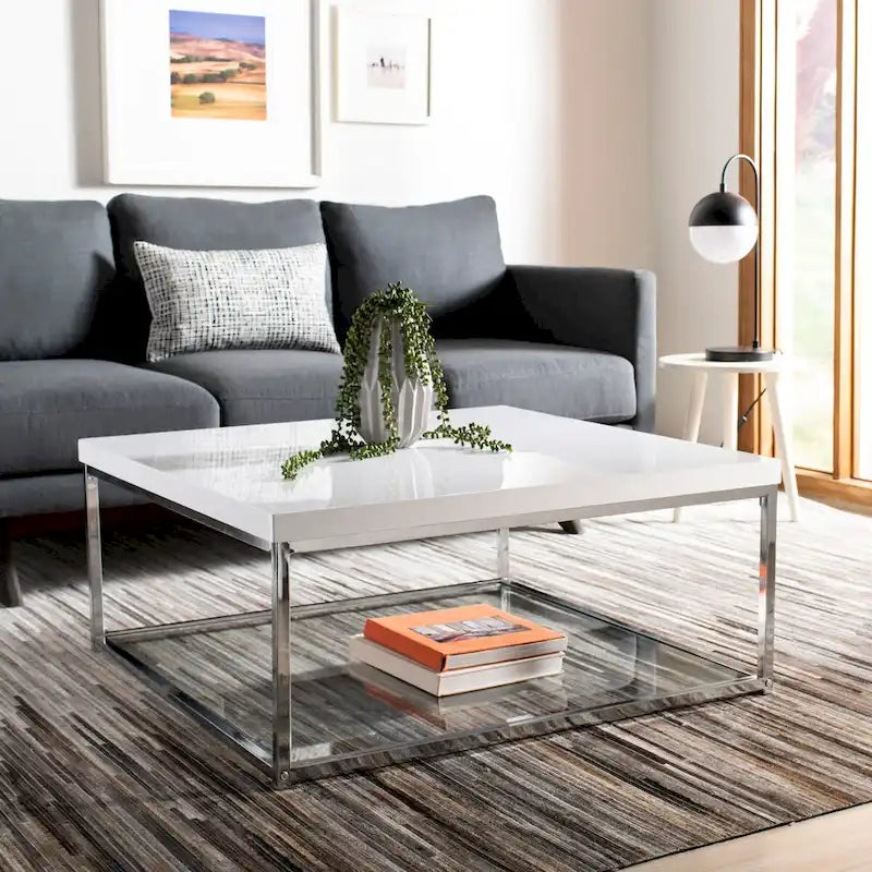 SAFAVIEH Bettylou White/Chrome High Gloss Coffee Table - 35.4 W x 35.4 D x 15.7 H - 35Wx35Dx16H