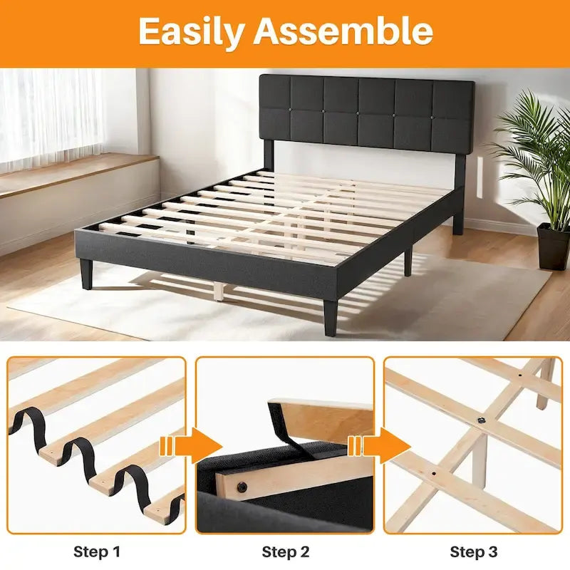Bed Frame, Modern Platform Bed Frame with Adjustable Headboard, Geometric Upholstered Bed Frame 800LBS Sturdy Solid Wooden Slats