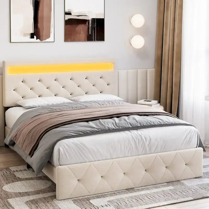 Bed Frame with LED Lights Headboard