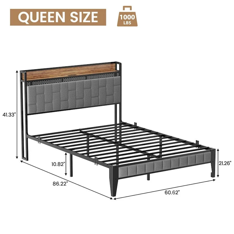 Bed Frame with LED Light and Storage Headboard