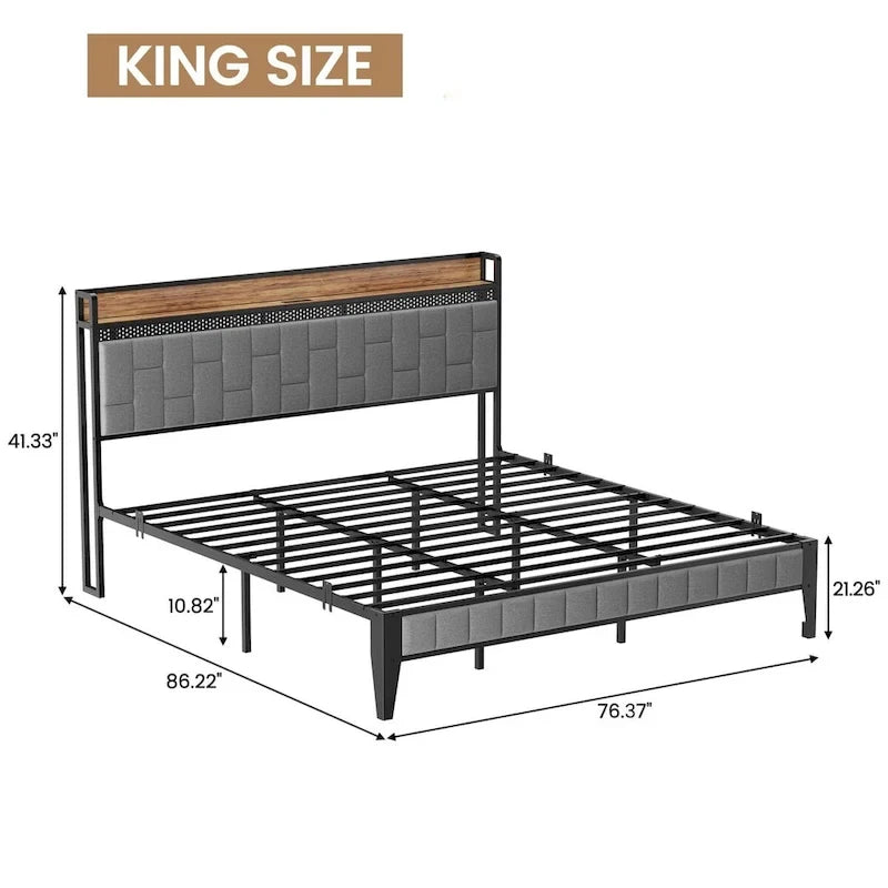 Bed Frame with LED Light and Storage Headboard