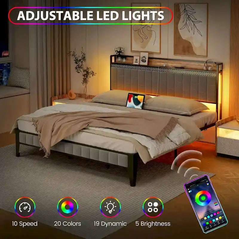 Bed Frame with LED Light and Storage Headboard