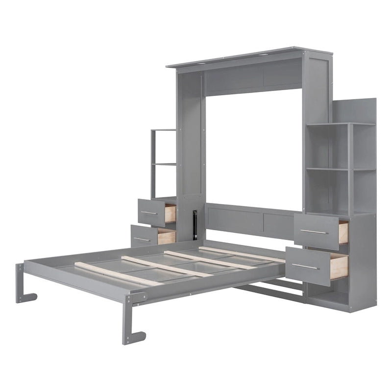 Merax Murphy Bed Wall Bed with Shelves, Drawers and LED Lights