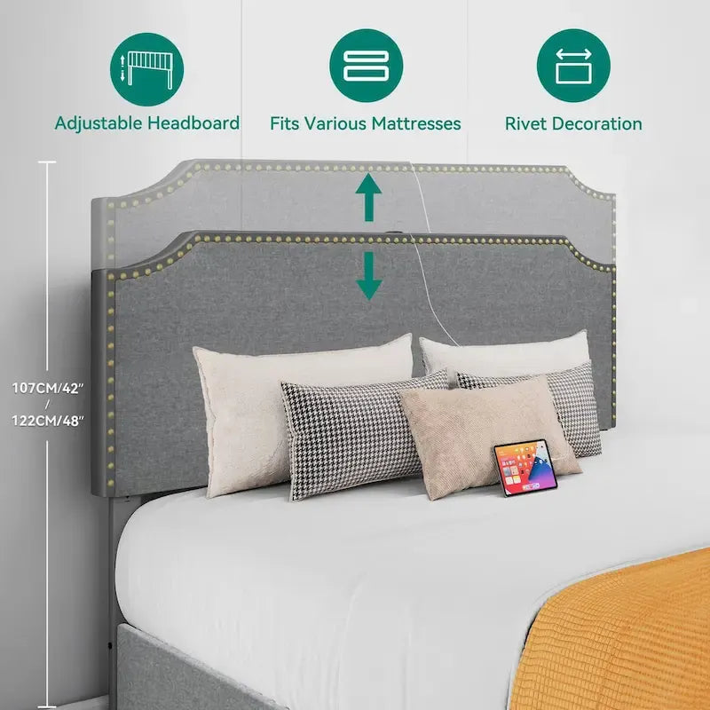 Moasis King Upholstered Rivet Curved Adjustable Headboard Platform Bed Frame 4 Storage Drawers Bed Frame