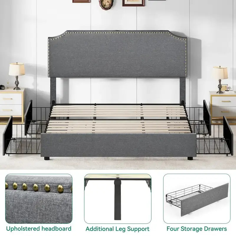 Moasis King Upholstered Rivet Curved Adjustable Headboard Platform Bed Frame 4 Storage Drawers Bed Frame